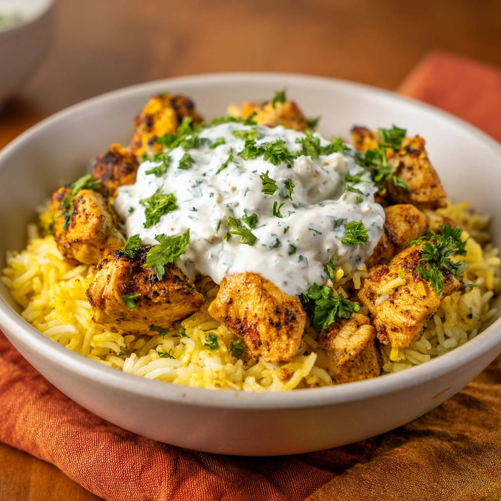 Juicy chicken and rice bowl with creamy yogurt sauce and fresh parsley garnish, close-up detail.