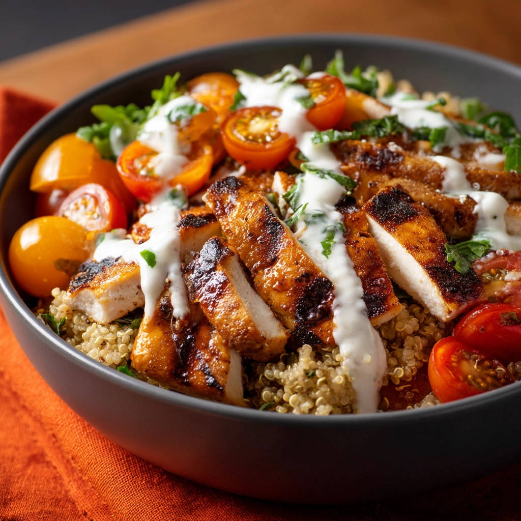 Juicy chicken and quinoa bowl, featuring sliced grilled chicken breast drizzled with a creamy sauce over a bed of quinoa and cherry tomatoes.