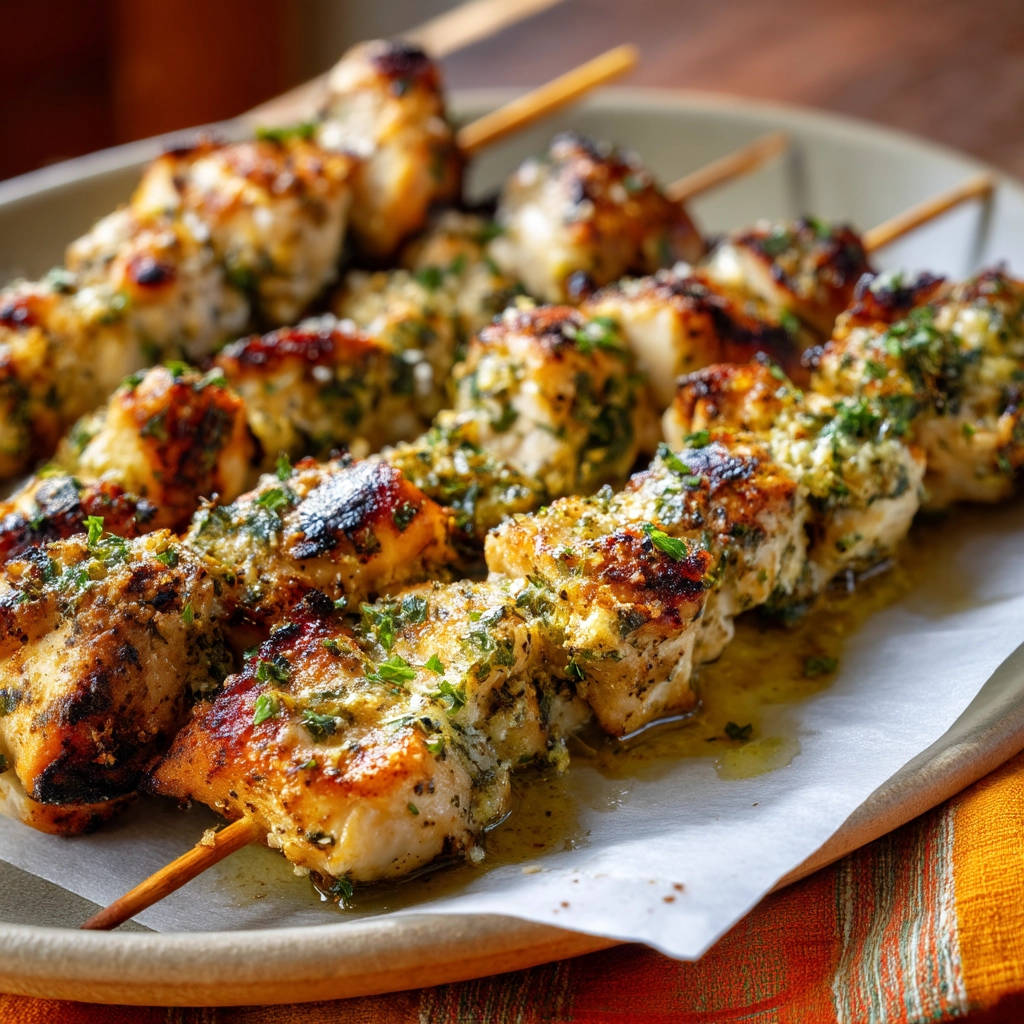 Juicy chicken skewers with herbs, presented on a platter with a close-up view highlighting the grilled texture and fresh herb garnish.