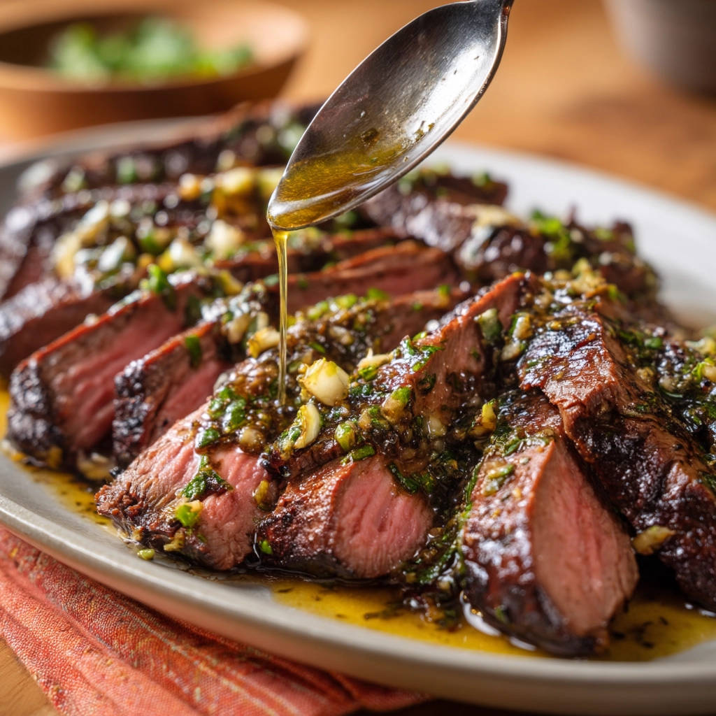Juicy flank steak with herb sauce, drizzled with oil from a spoon, showcasing its tender interior.