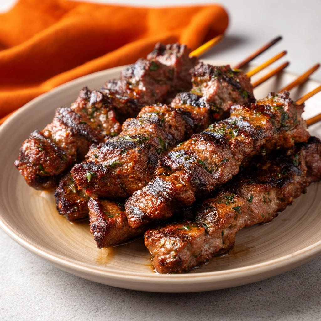 Juicy grilled meat skewers served on a plate, showcasing their grilled texture and herbs from a side view.