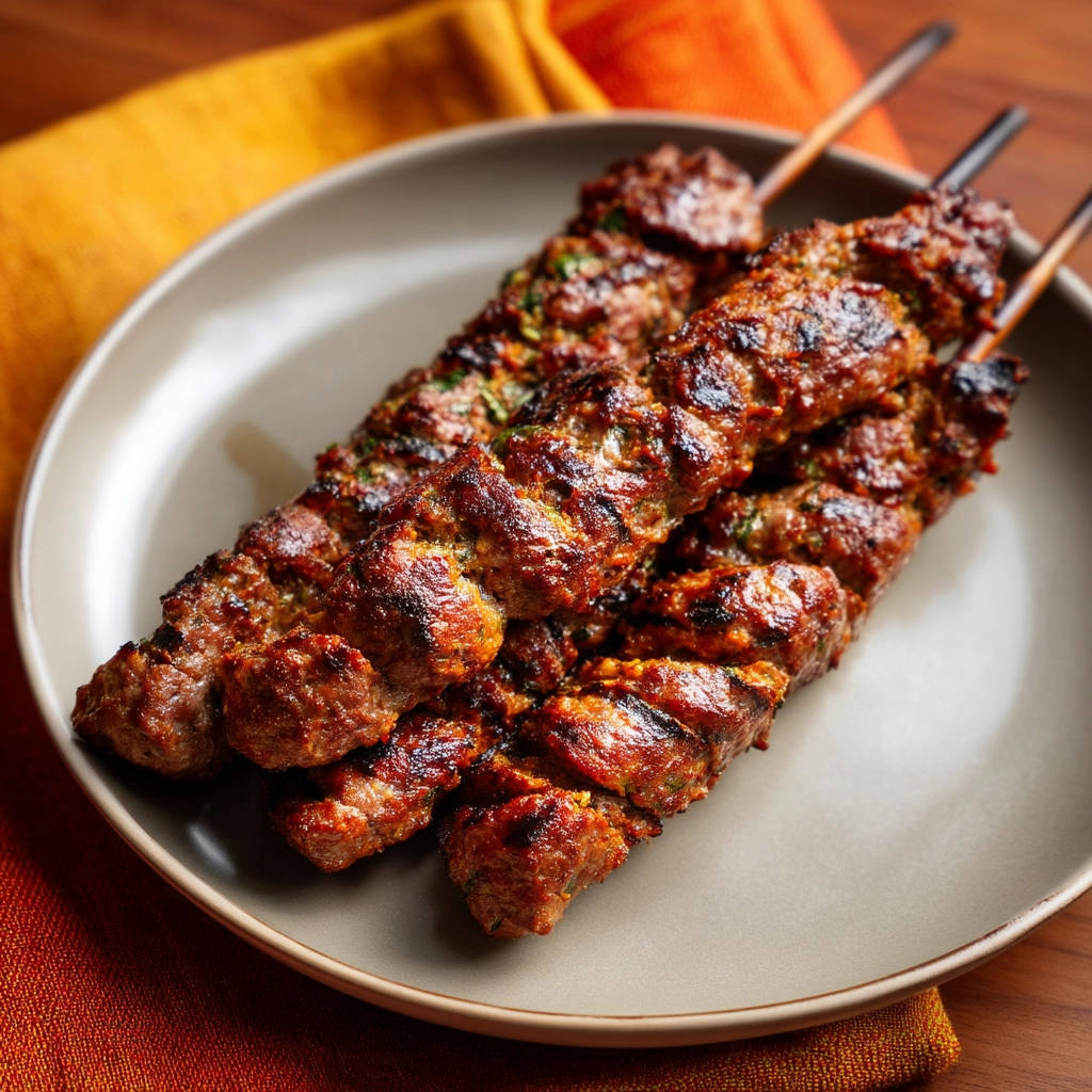 Juicy grilled meat skewers, three expertly grilled kebabs presented on a neutral plate with a rustic fabric backdrop.