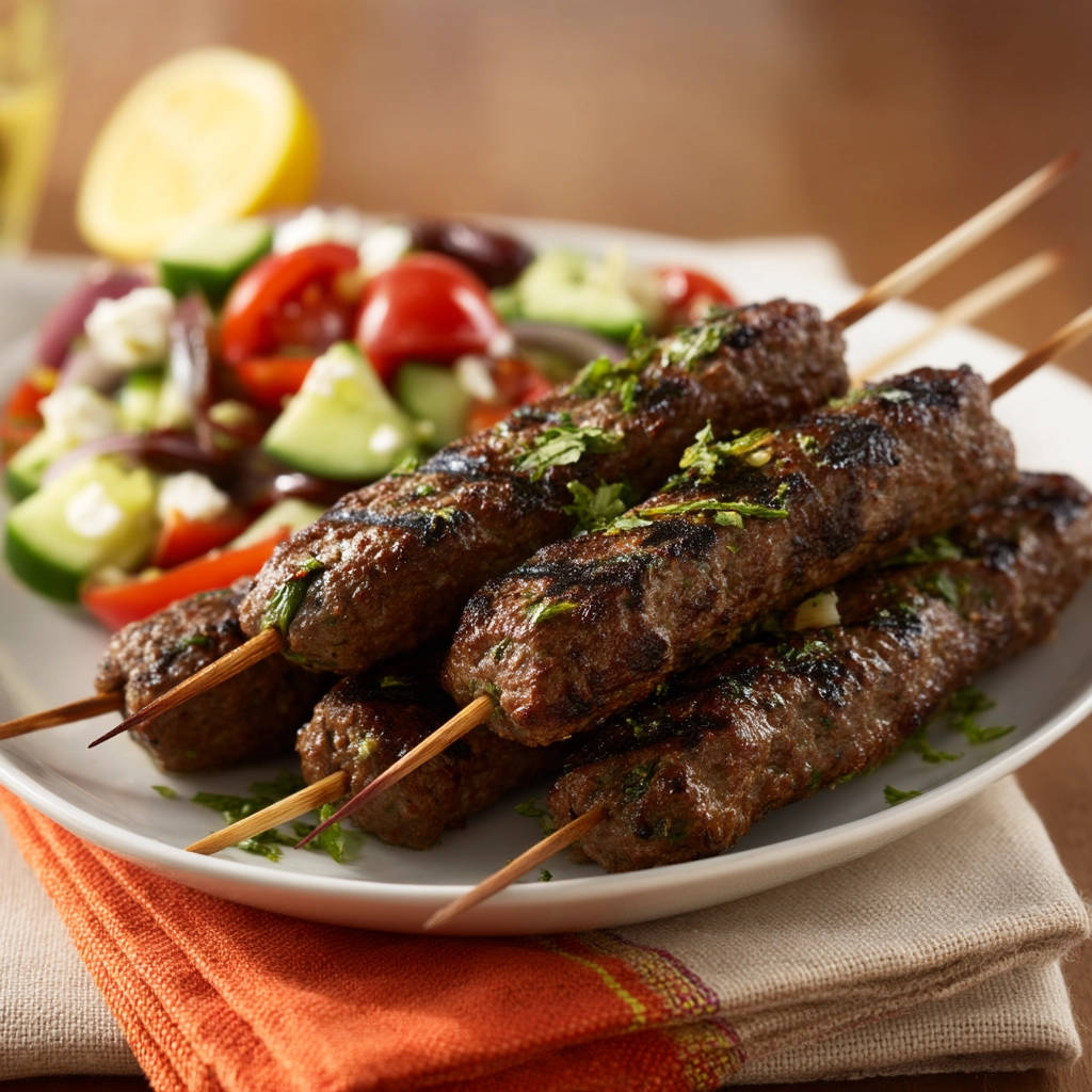 Juicy ground meat skewers plated with a fresh Greek salad and a lemon wedge.