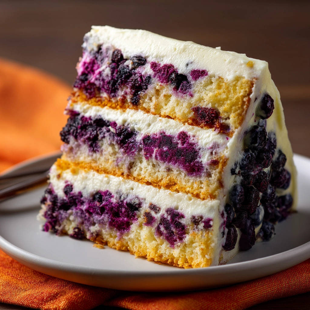 Layered blueberry cake showing a close-up cross-section with distinct cake and cream layers filled with blueberries.