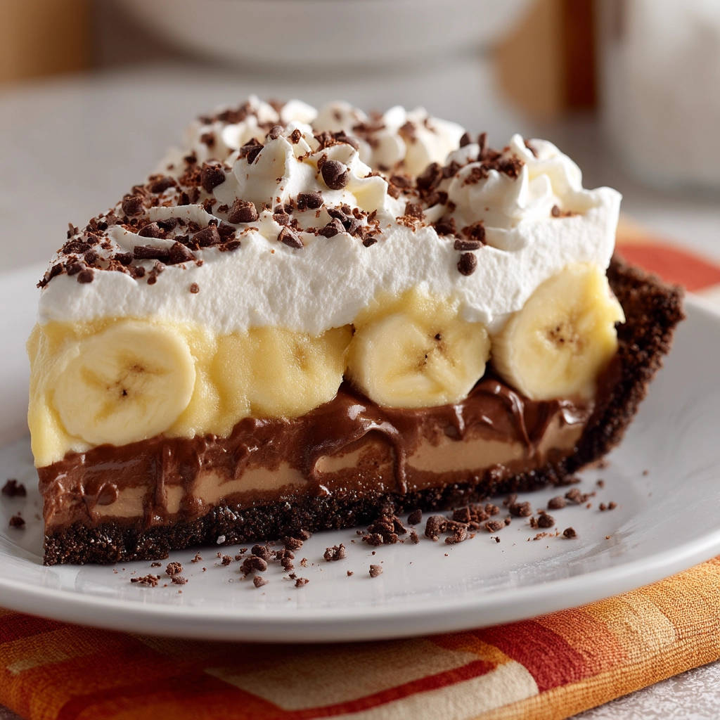 Layered chocolate banana dream pie, a slice showing distinct layers of chocolate, banana pudding, and whipped cream topping.
