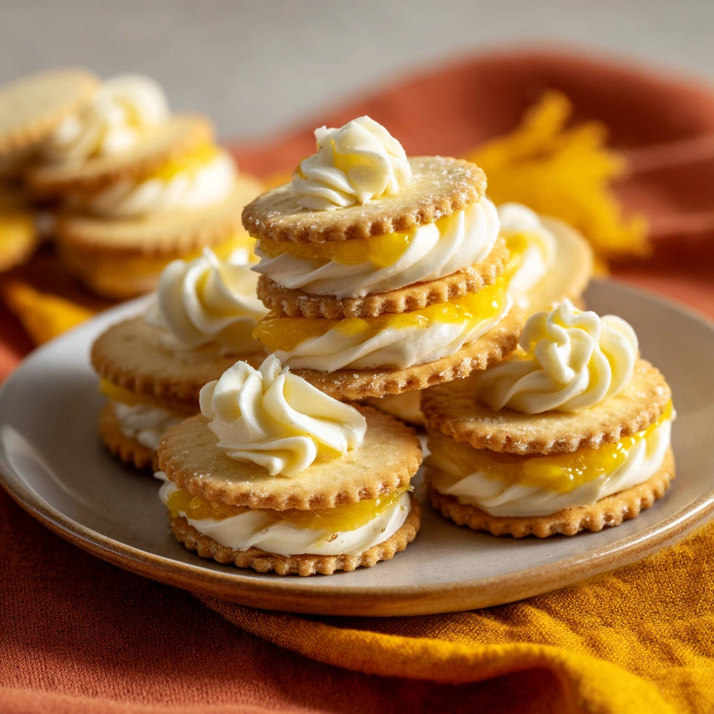 Layered cookie stacks with cream and jam filling, artfully arranged on a plate.