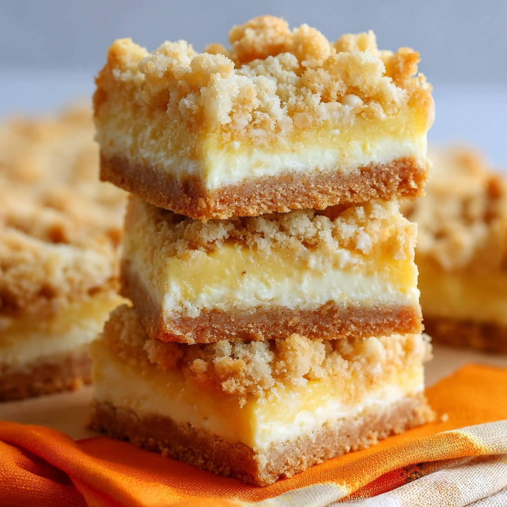 Lemon cream cheese bars stacked in a close-up view, showing the crumb topping and creamy interior layers.