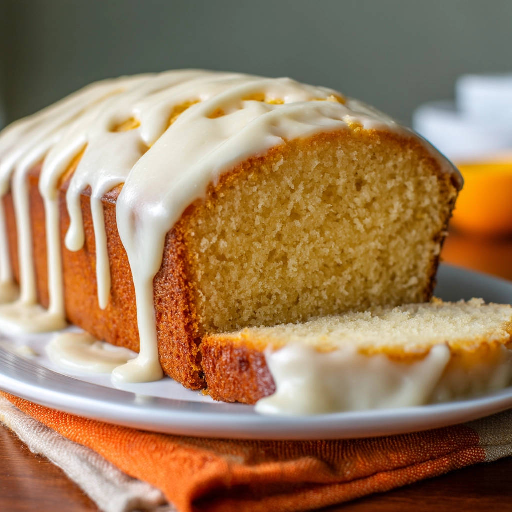 Lemon glazed loaf showing a moist interior with drippy glaze on a slice cut from the loaf.