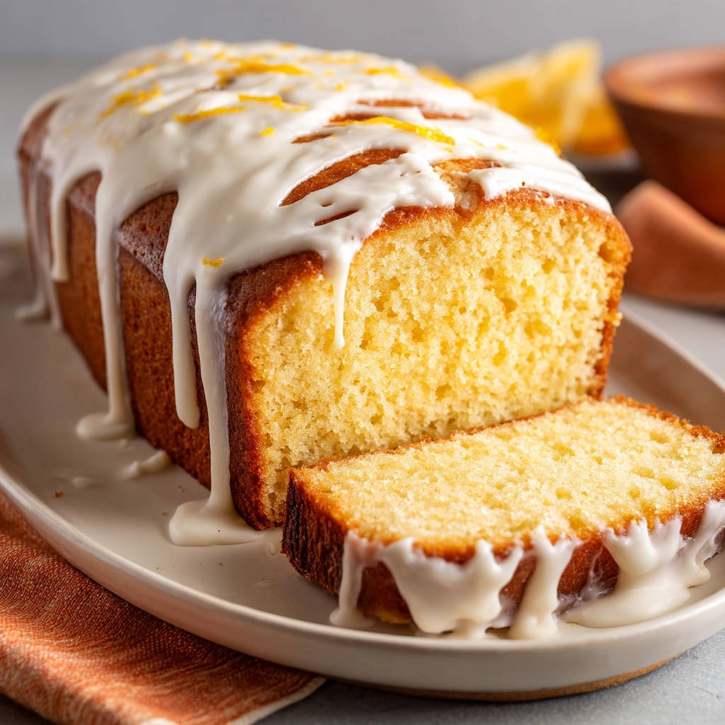 Lemon glazed loaf cake sliced to reveal its moist, tender interior and dripping white glaze.