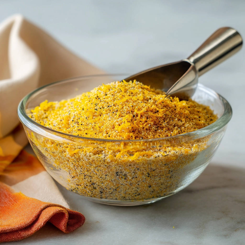 Crispy lemon pepper chicken seasoning mixture piled high in a clear glass bowl with a metal scoop.
