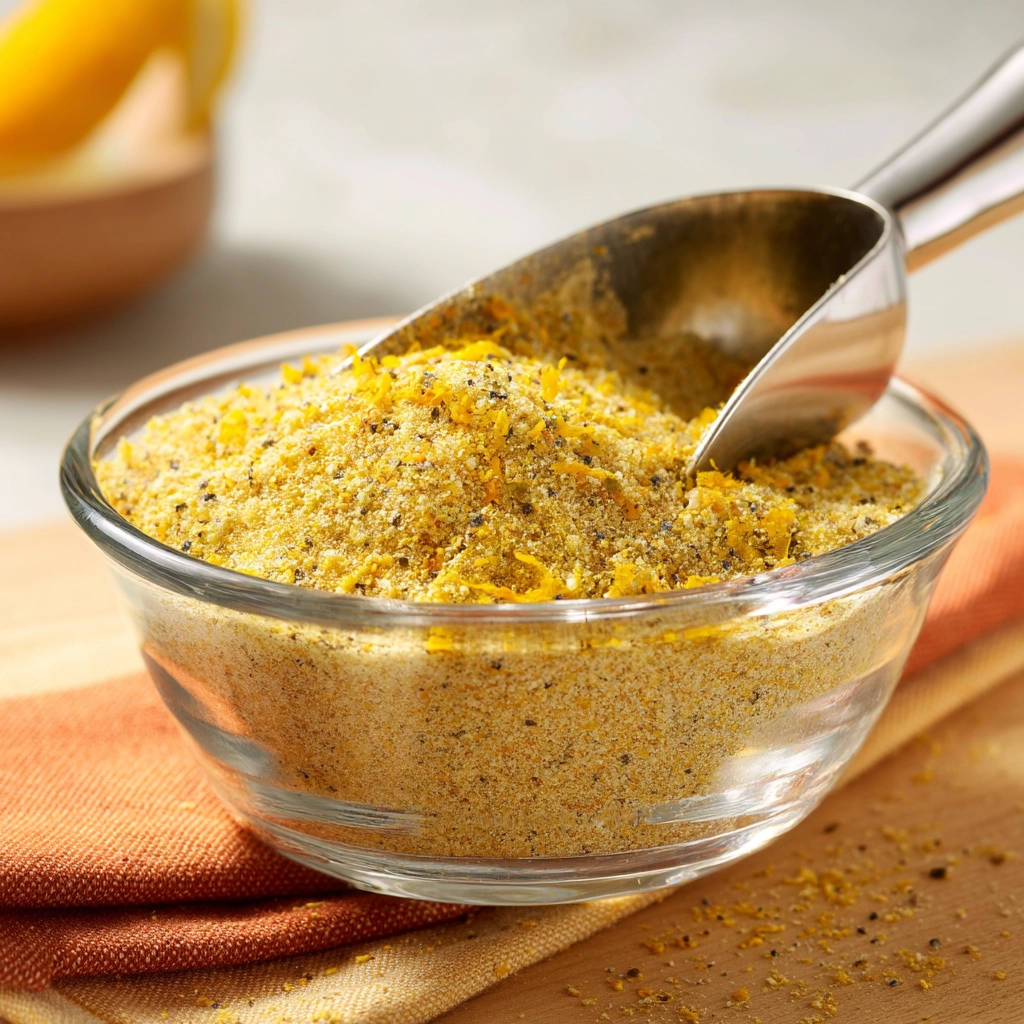 Crispy Lemon Pepper Chicken spice mix in a glass bowl with a metal scoop, showing bright yellow zest and black pepper.
