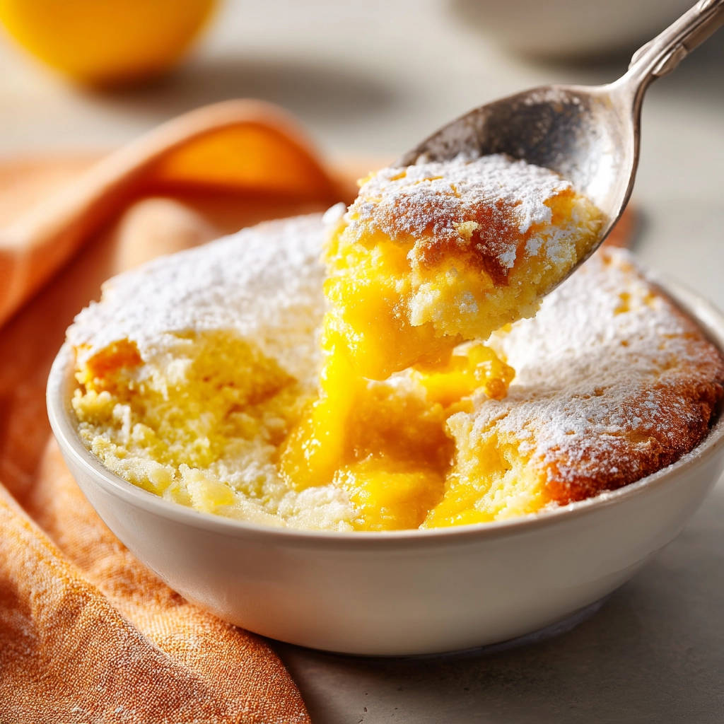 Luscious lemon pudding cakes with a spoon lifting a gooey, bright yellow center, dusted with powdered sugar.