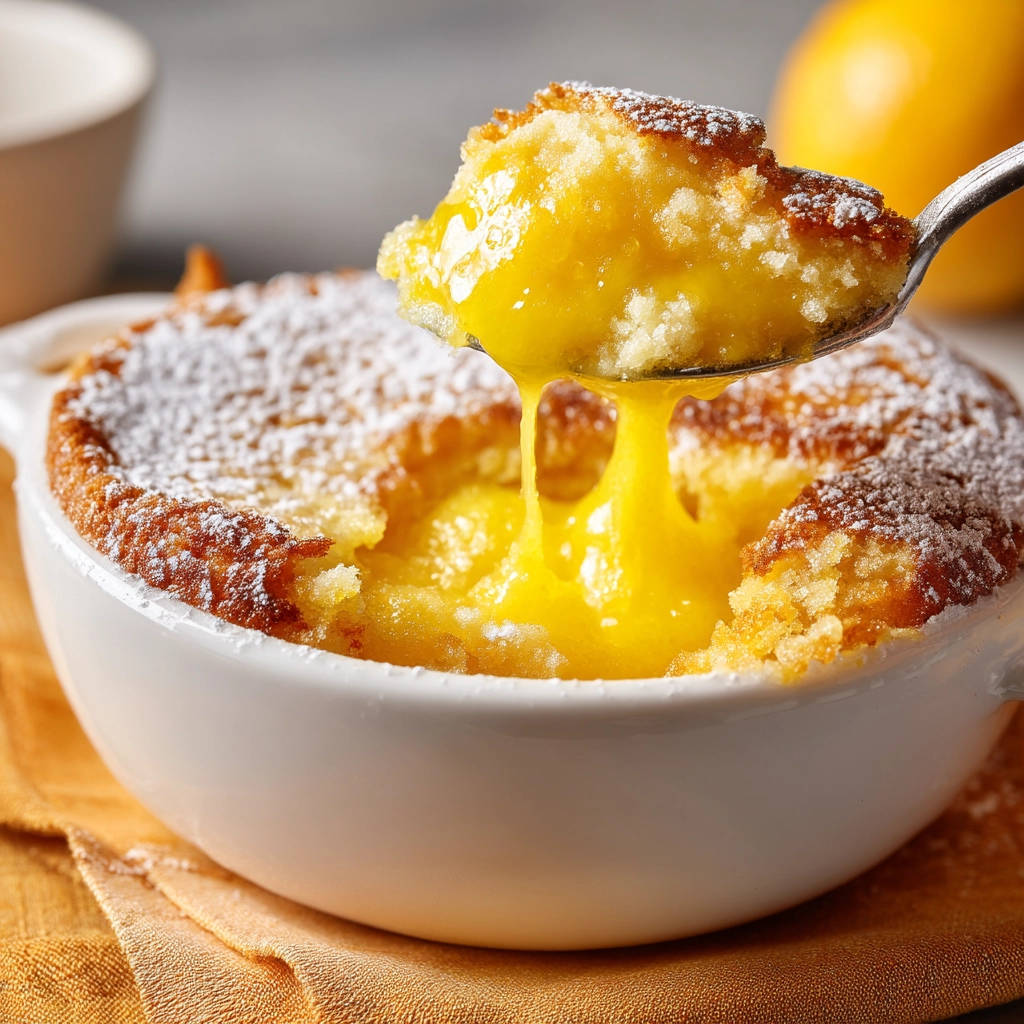 Luscious lemon pudding cakes with a spoonful revealing the gooey, bright yellow center.