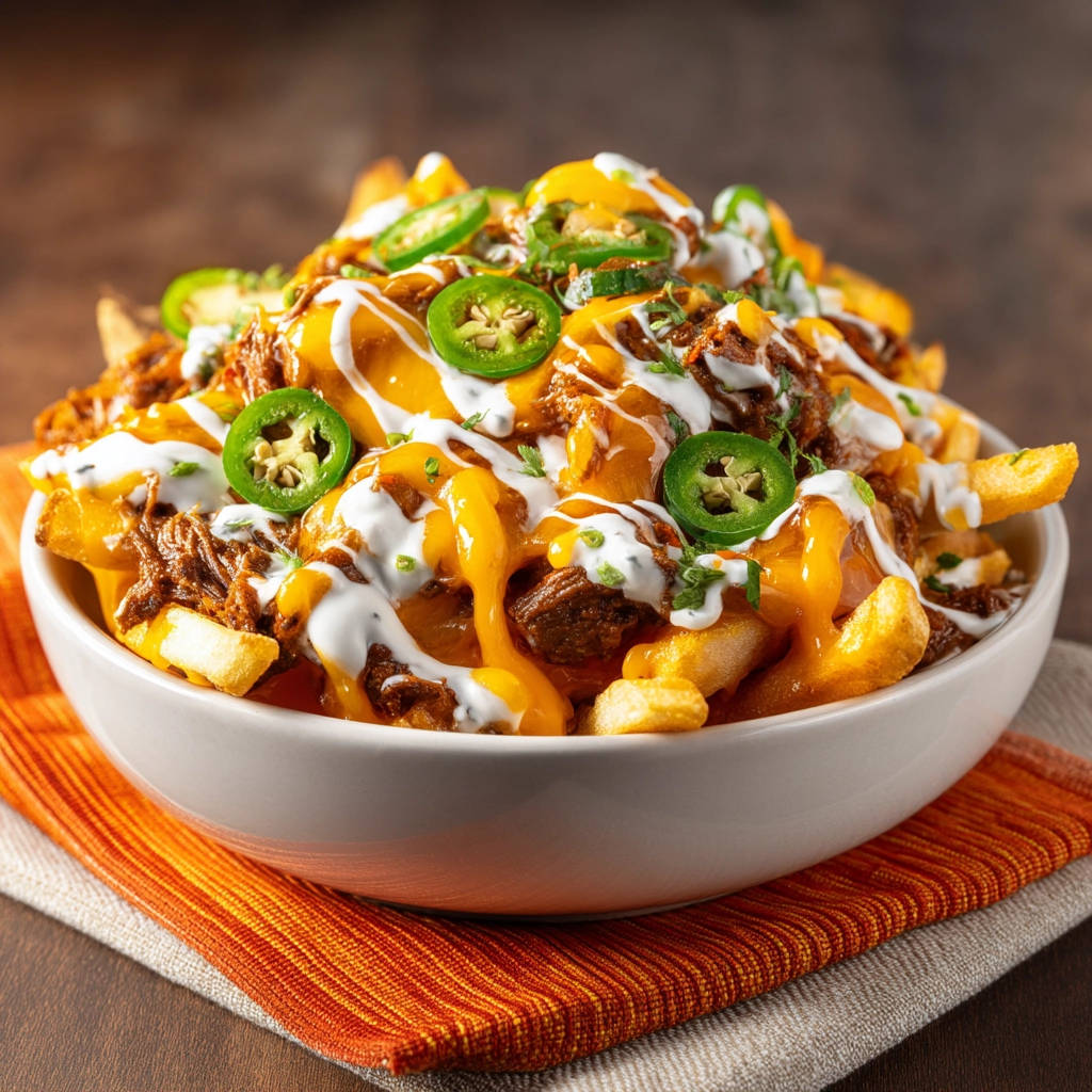 Loaded chili cheese fries topped with melted cheddar cheese, shredded beef, and sliced jalapeños.