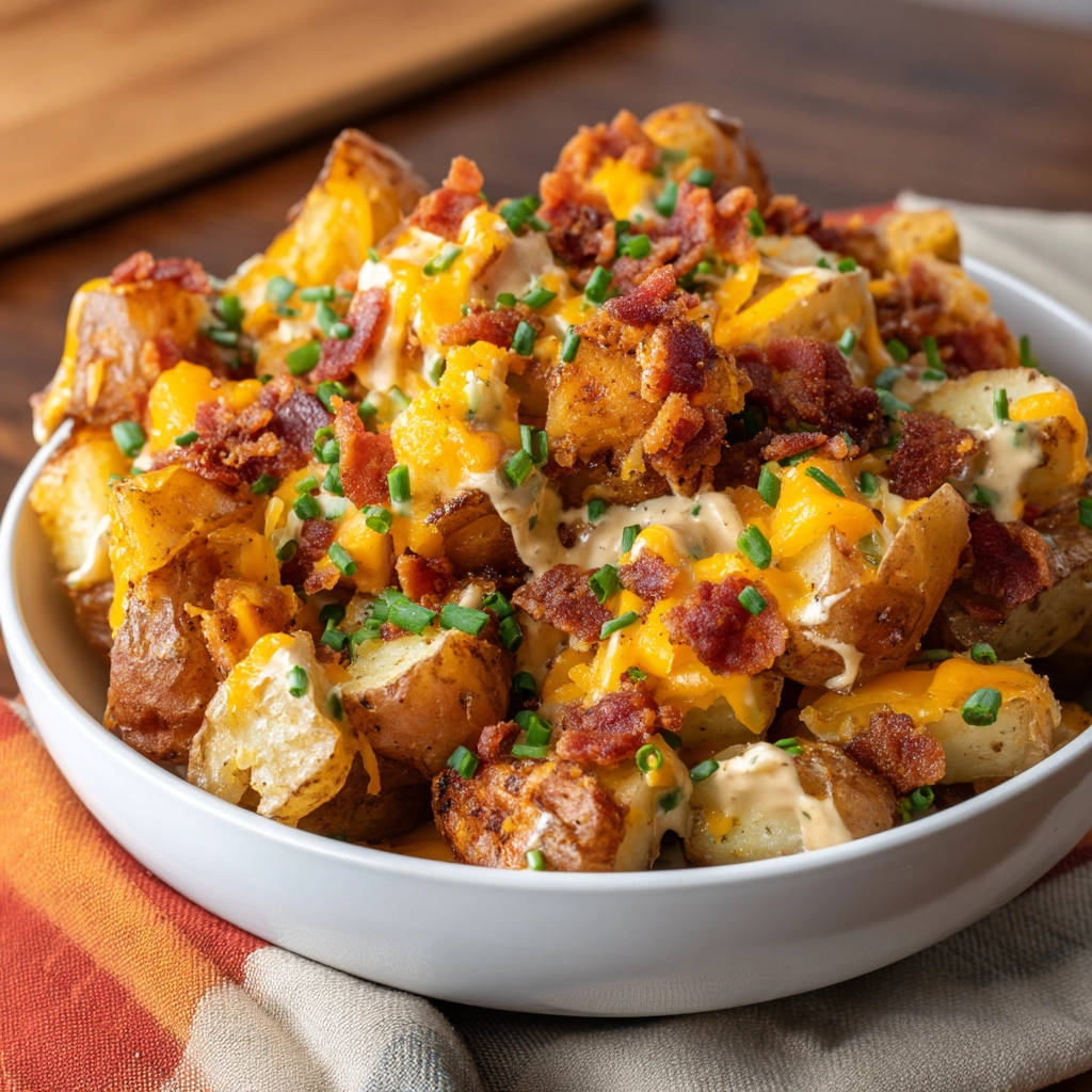 Loaded roasted potatoes generously topped with melted cheese, crispy bacon, and fresh chives.