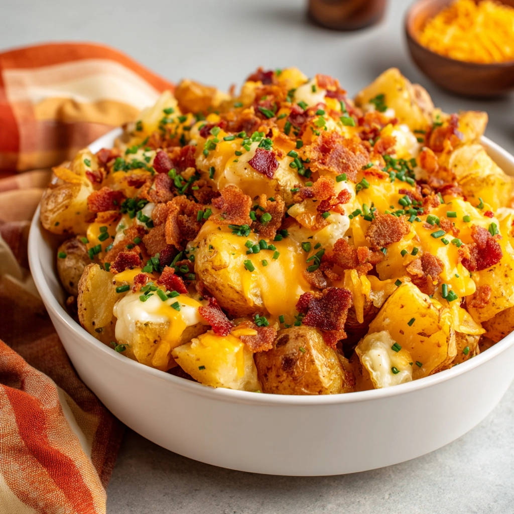Loaded roasted potatoes topped with melted cheddar cheese, crispy bacon, and fresh chives in a white bowl.