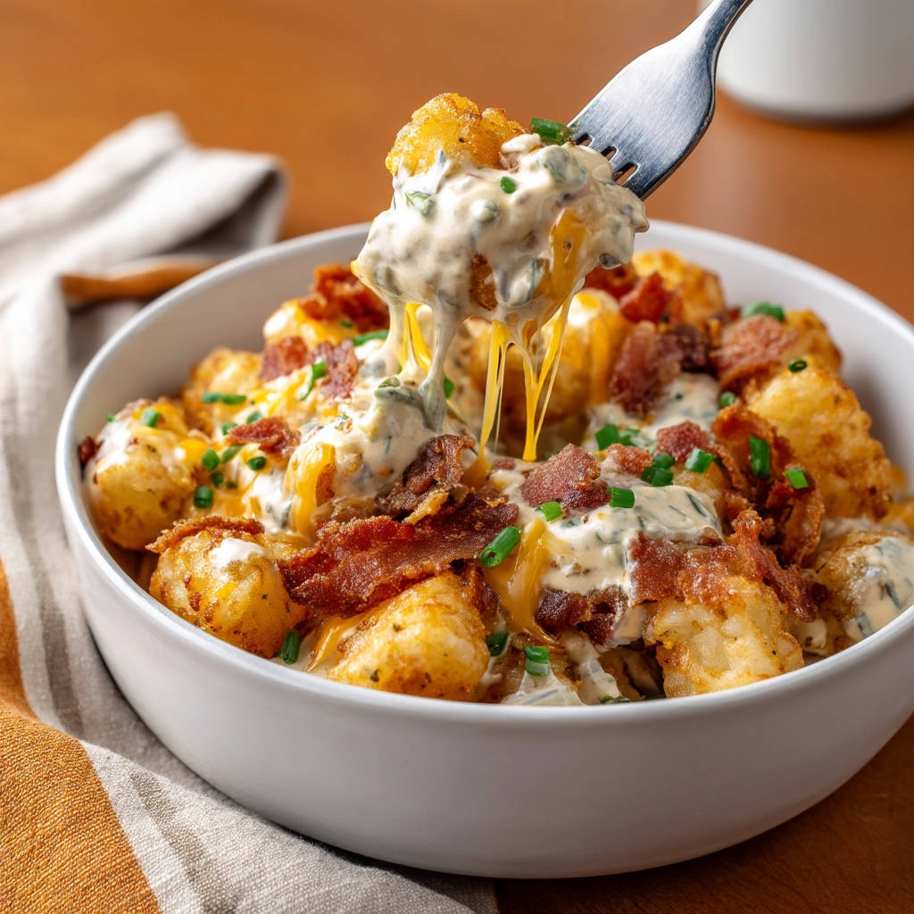 Loaded tater tot bowl with a fork lifting a cheesy, creamy portion, showing bacon and chives.