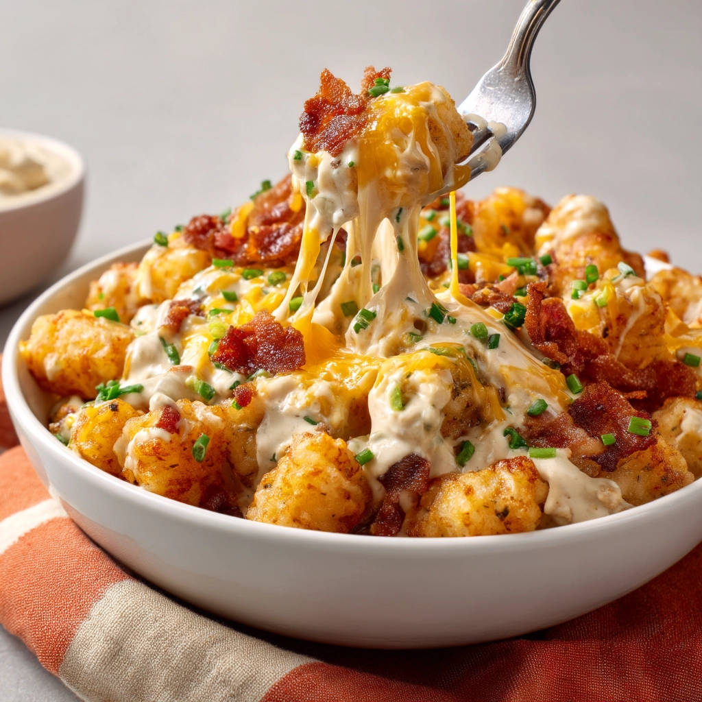 Loaded tater tot bowl with a fork pulling up cheese and bacon, showing a gooey, cheesy texture.