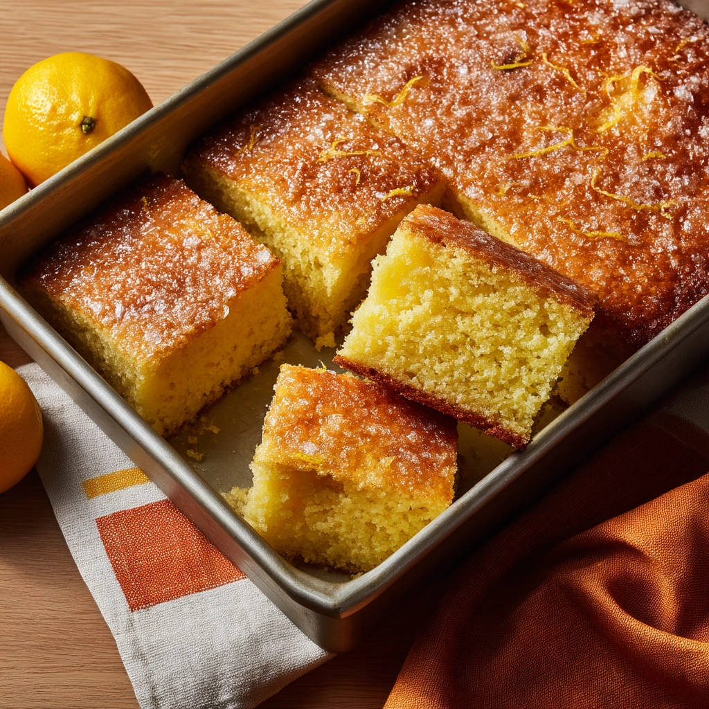 Luscious lemon cake, sliced in a baking pan, showing its moist crumb and sugared top.