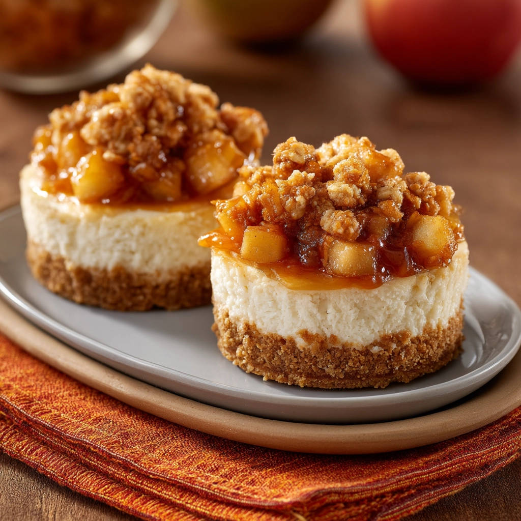 Creamy mini apple crumble cheesecakes plated with a close-up view of the topping and cheesecake texture.