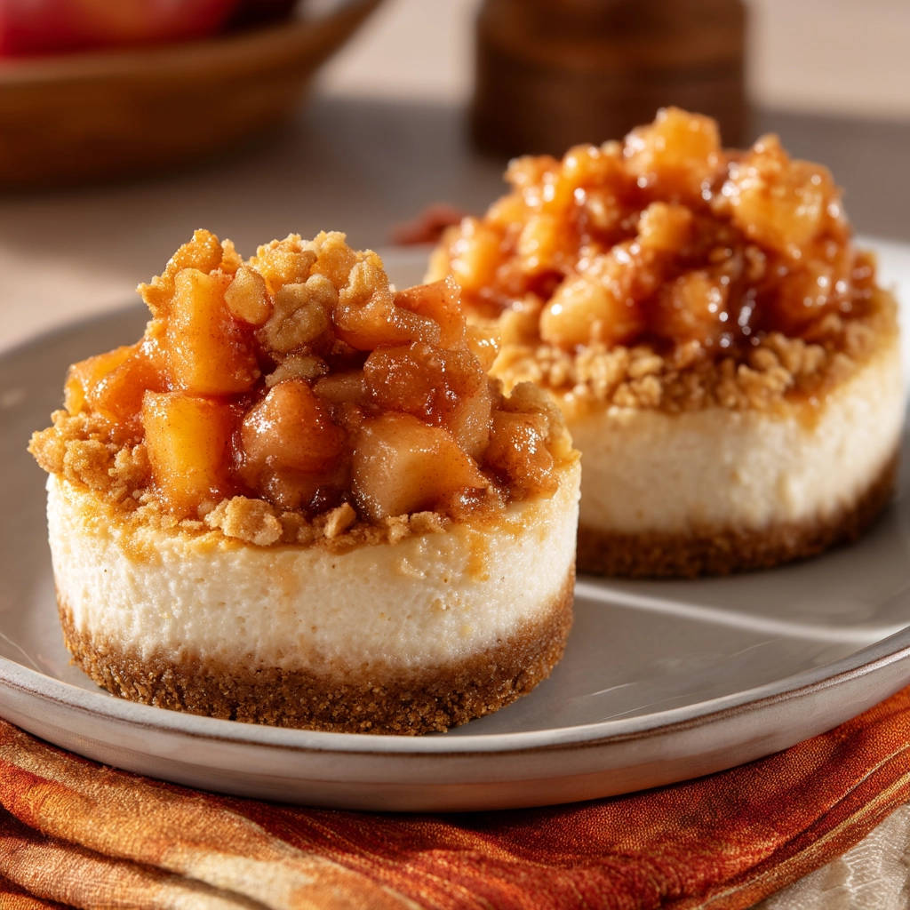 Creamy mini apple crumble cheesecakes, two individual servings presented on a plate with a rustic napkin.