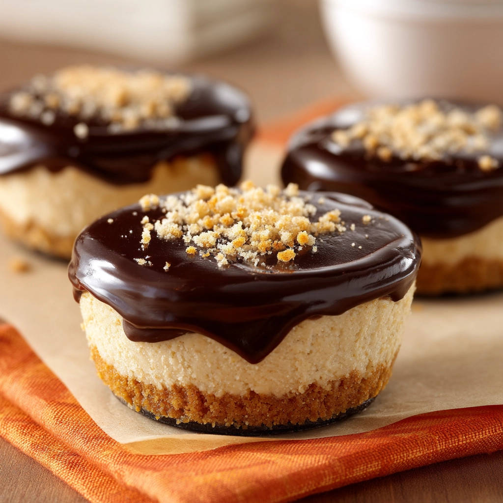 Mini cheesecakes with a rich chocolate ganache topping and crumbly garnish, presented on an orange napkin.