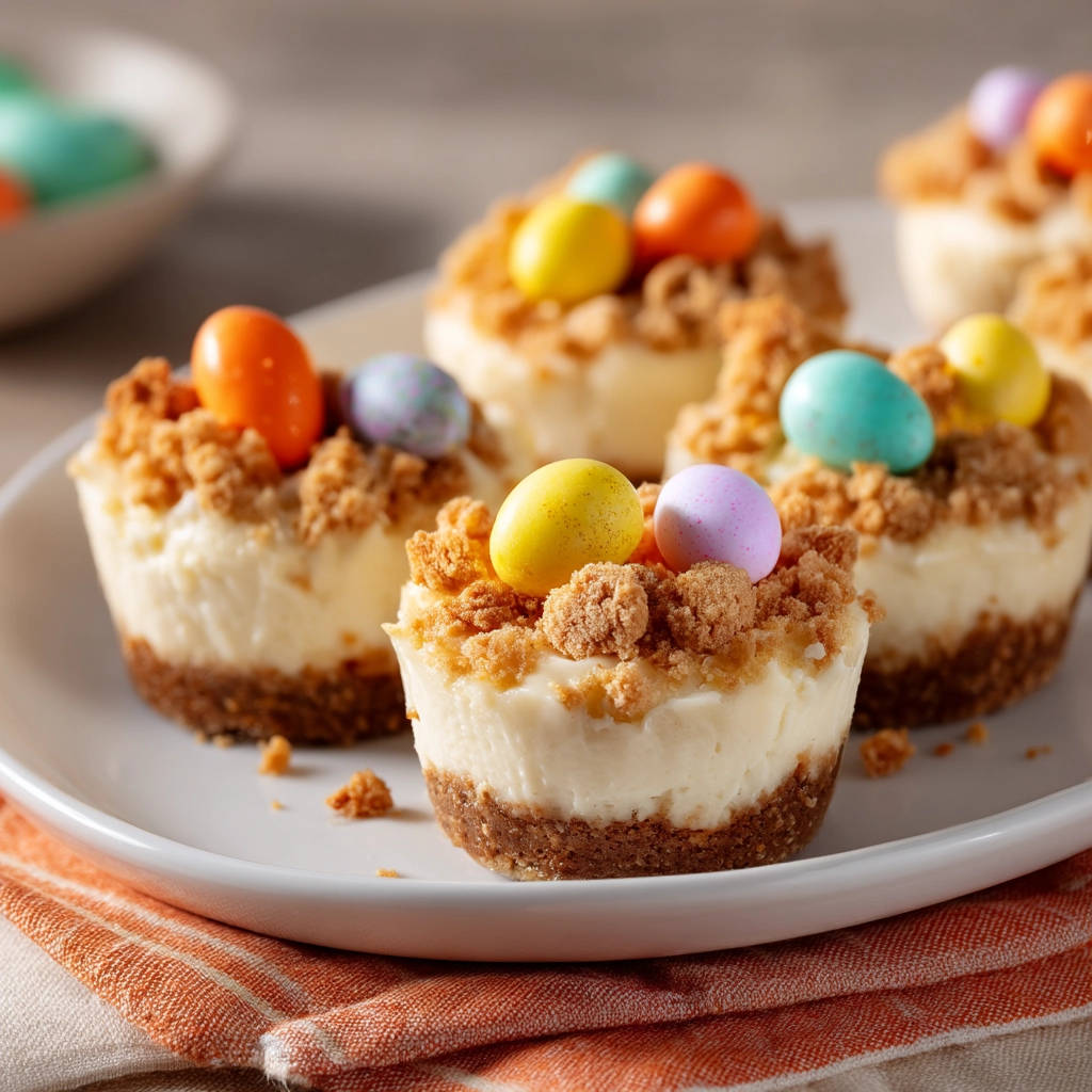Mini cheesecakes decorated with colorful Easter eggs and crumb topping on a white plate.