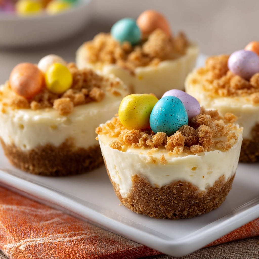 Mini cheesecakes with a graham cracker crust topped with crumble and festive Easter eggs.