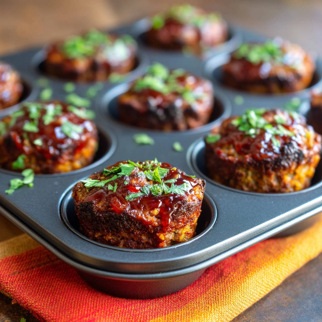 Mini meatloaves in a muffin tin, topped with a glossy glaze and fresh parsley garnish.