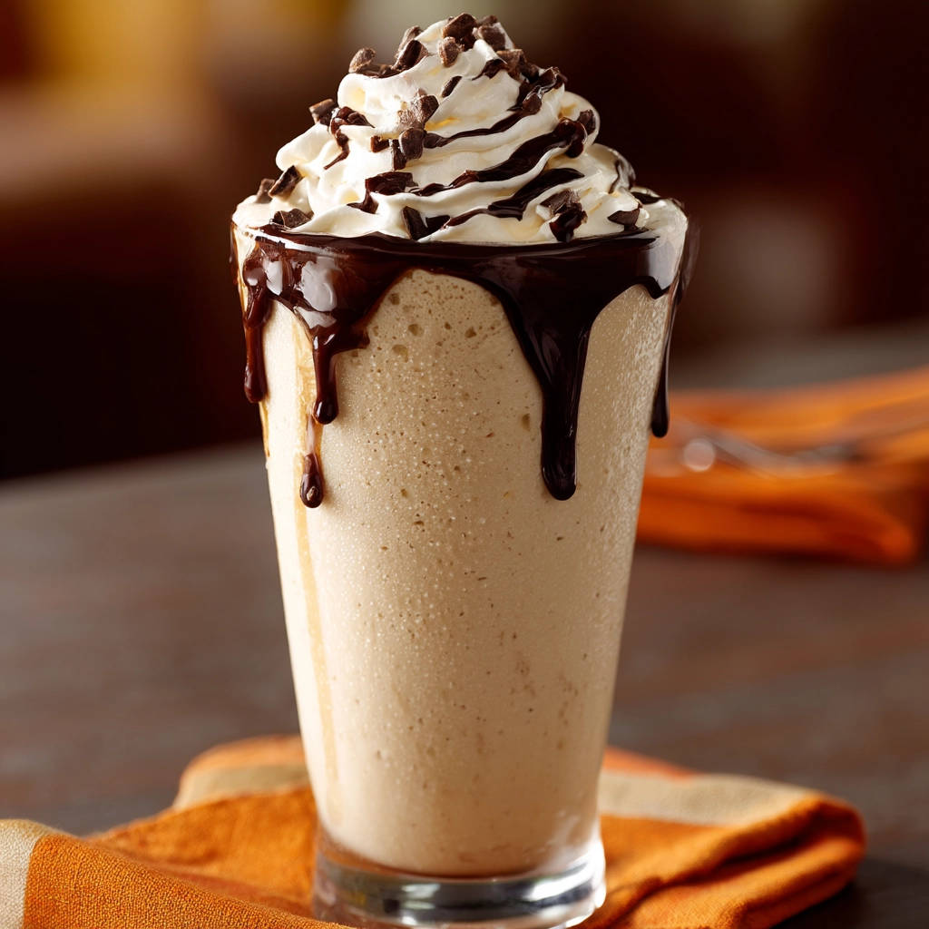 Mocha frappe topped with whipped cream, chocolate drizzle, and chocolate chips, with rich chocolate sauce dripping down the glass.