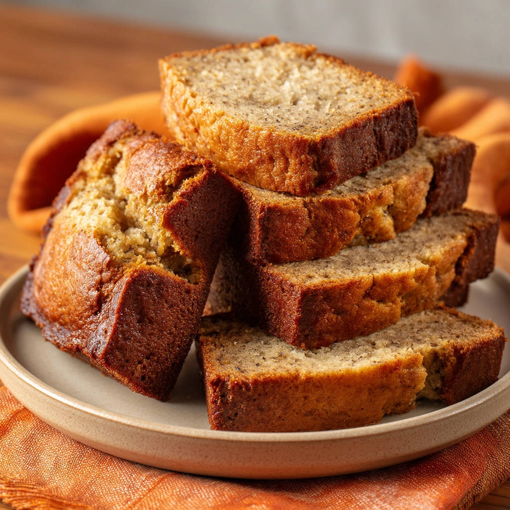 Moist banana bread stacked in slices on a plate, showcasing its golden-brown crust and textured interior.