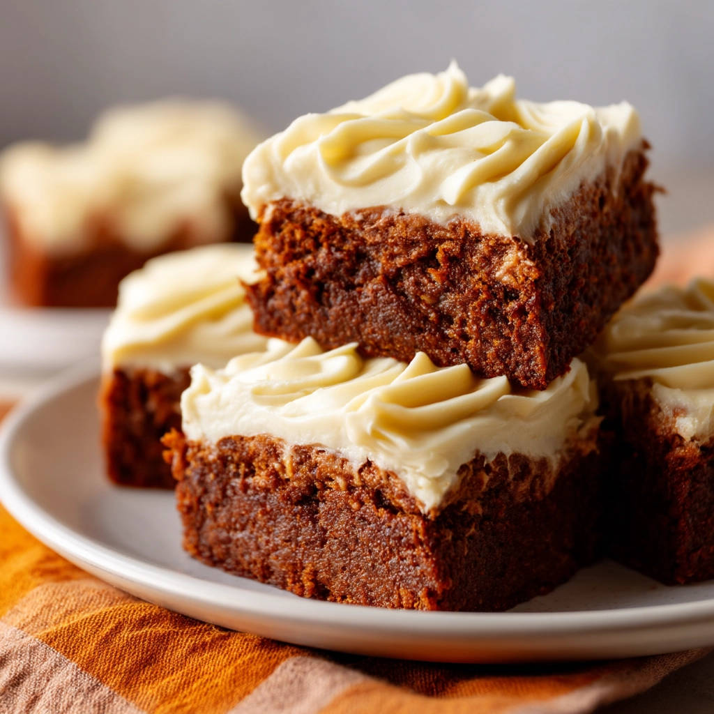 Moist carrot cake bars stacked on a white plate with cream cheese frosting, creating a tempting dessert.