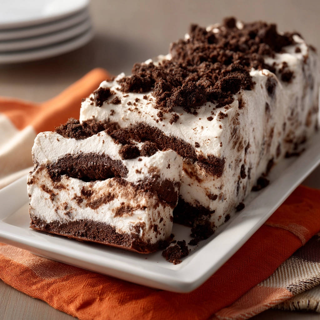 Easy No-Bake Chocolate Cream Loaf showing a cross-section with layers of chocolate and cream filling.