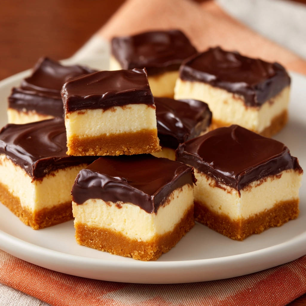 No-bake chocolate layer bars showing a clean cross-section of the graham cracker crust, creamy filling, and rich chocolate topping.