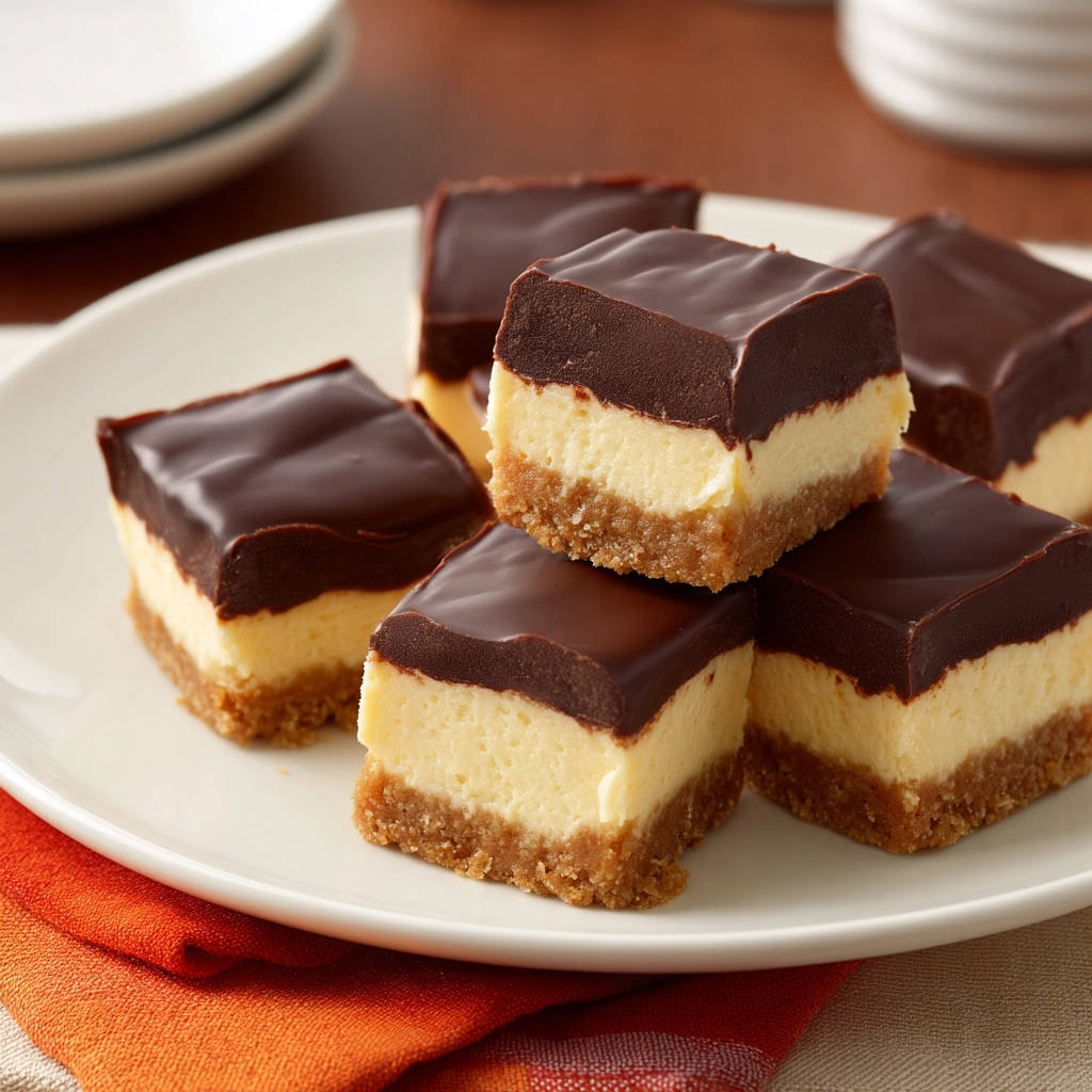 No-bake chocolate layer bars are stacked in neat squares on a white plate, showcasing their distinct chocolate and cream layers.
