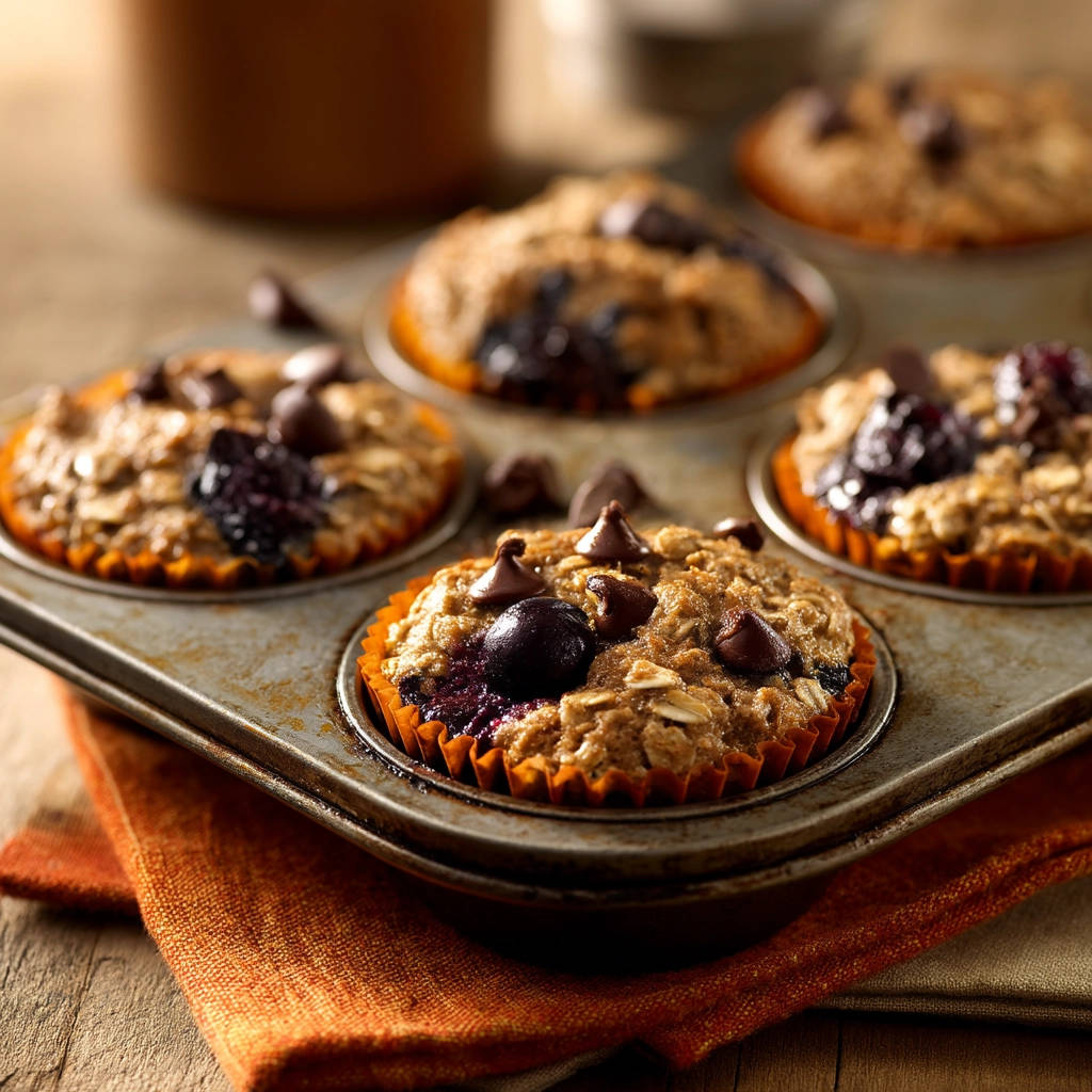 Oatmeal blueberry muffins with chocolate chips and whole blueberries in a muffin tin, close-up detail.