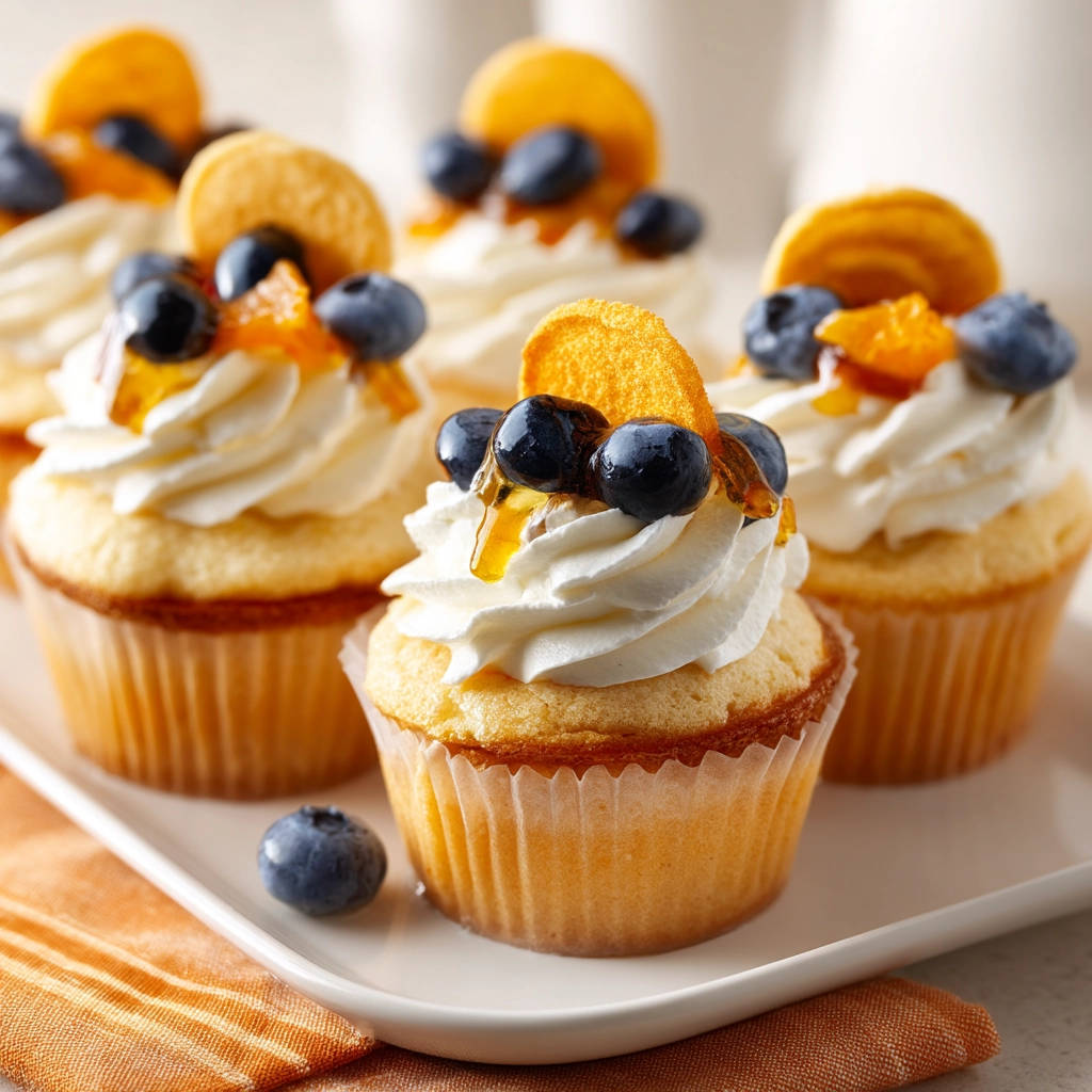 Orange blueberry cupcakes topped with whipped cream, fresh blueberries, and a drizzle of honey.