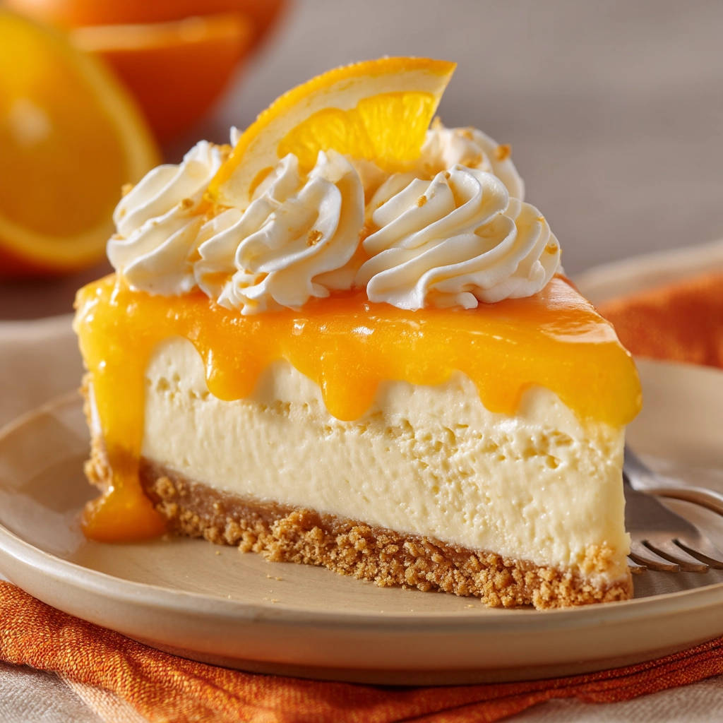 Silky smooth orange cheesecake, a close-up cross-section of a single slice plated with whipped cream and orange glaze.