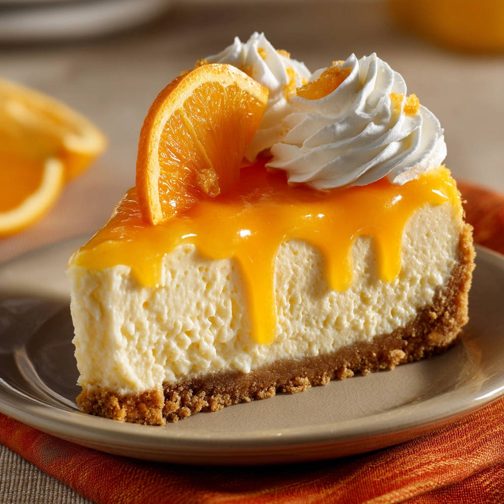 Silky smooth orange cheesecake, a single serving on a plate, with a glistening orange glaze and whipped cream topping.
