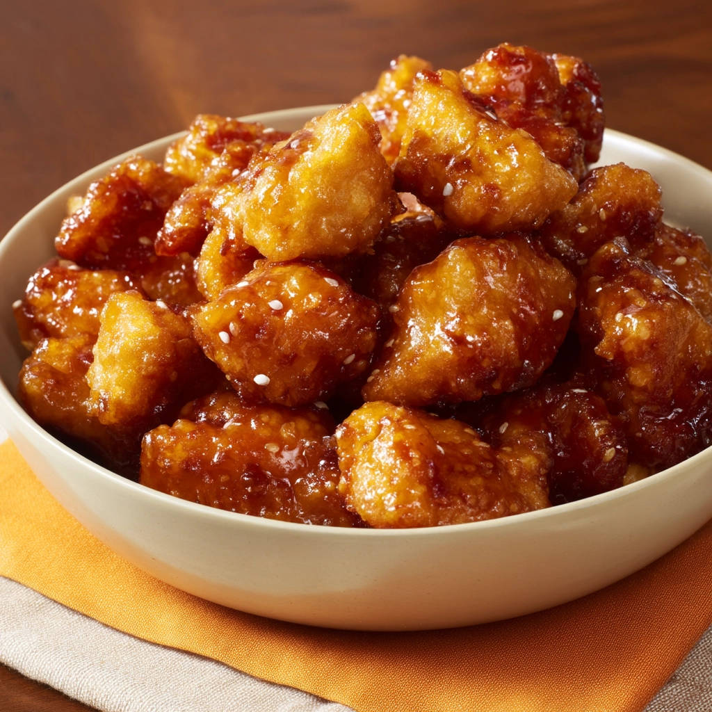 Crispy orange chicken with a glistening sesame seed glaze shown in a close-up bowl view.