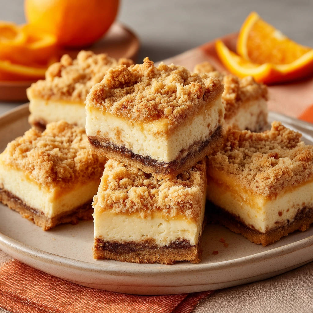 Orange crumble cheesecake bars stacked on a plate, showcasing their layered texture and crumb topping.