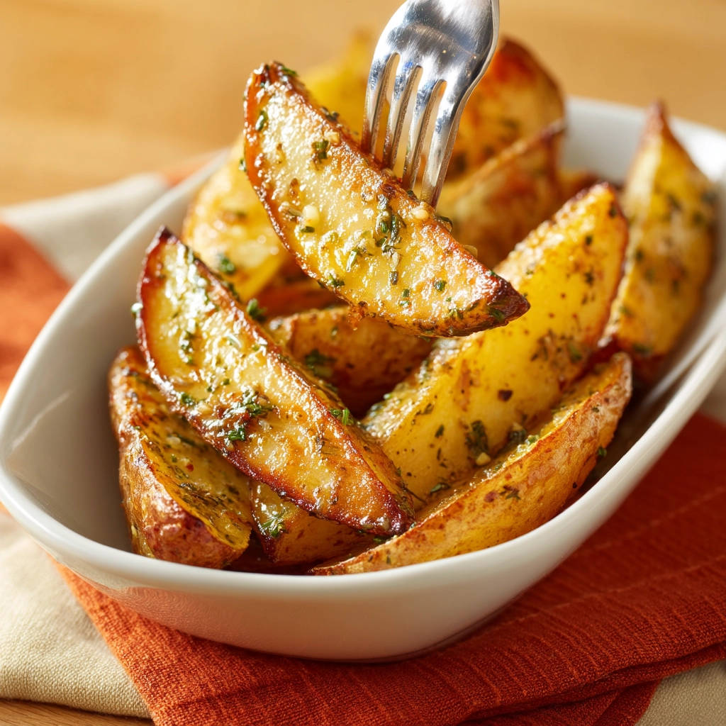 Easy crispy oven potato wedges being lifted from a bowl with a fork, showcasing their seasoned texture.