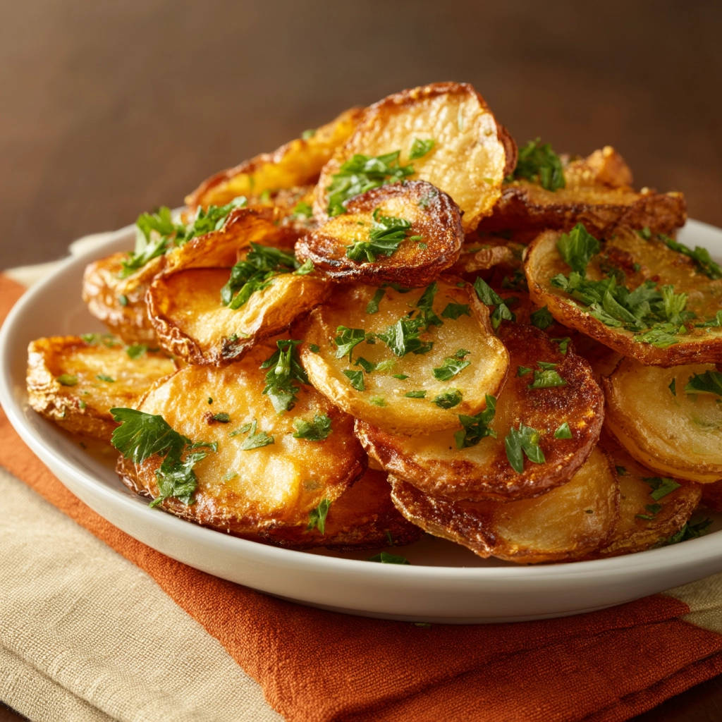 Easy pan-fried potatoes generously garnished with fresh parsley, shown in a close-up view.