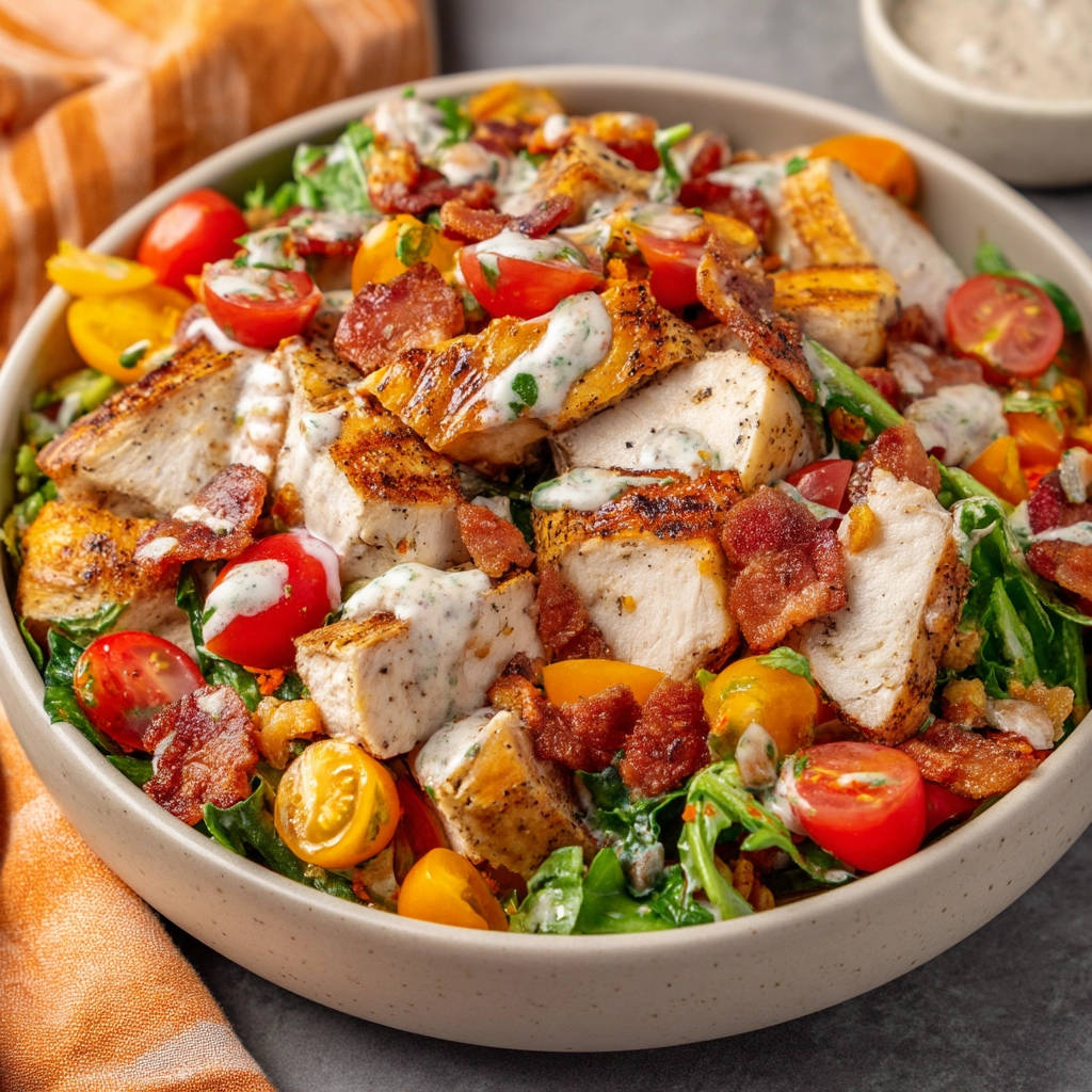 Pan-seared chicken salad featuring grilled chicken, bacon, and cherry tomatoes in a bowl with dressing.