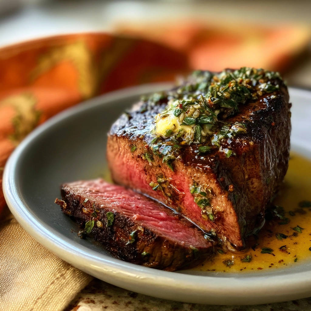 Pan-seared steak shown in a close-up cross-section, topped with butter and herb garnish.