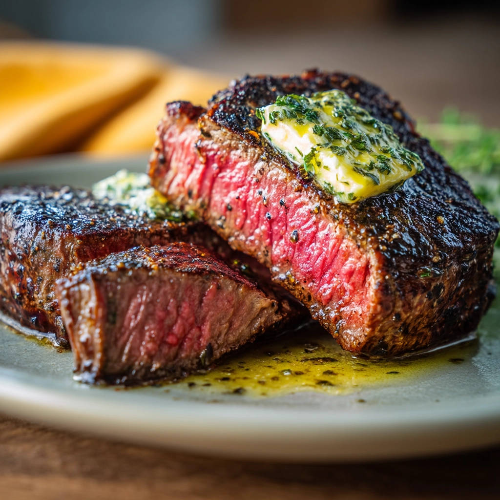 Pan-seared steak shown in a close-up cross-section with melted herb butter on top.
