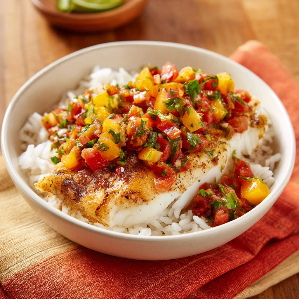 Pan-seared white fish with mango salsa served over rice in a close-up bowl view.
