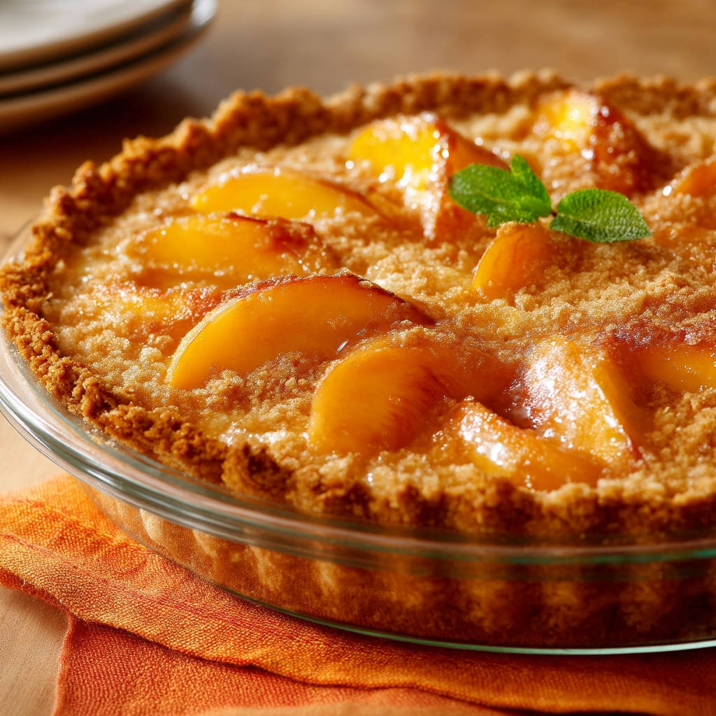 Classic Peach Crumble Tart with fresh mint garnish, showing the crumb topping and fruit slices.
