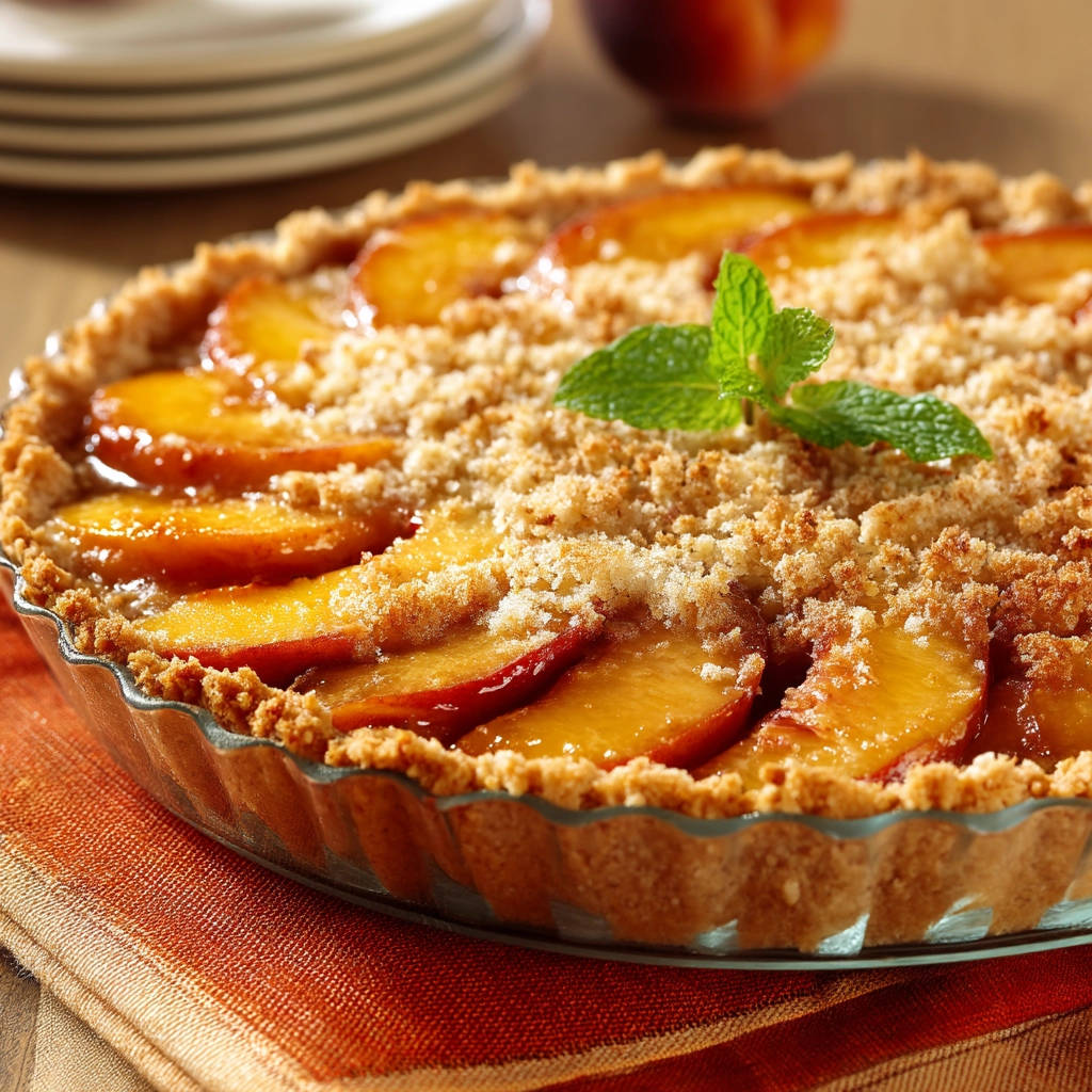 Classic peach crumble tart with a close-up view of the golden crumb topping and fresh mint garnish.
