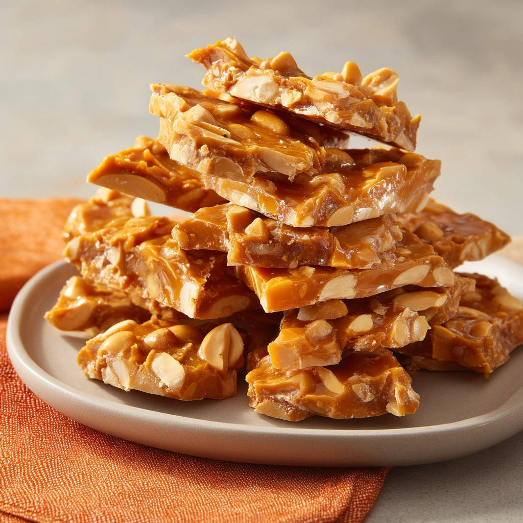 Perfect peanut brittle stacked high on a plate, showcasing its shiny, broken pieces and visible peanuts.
